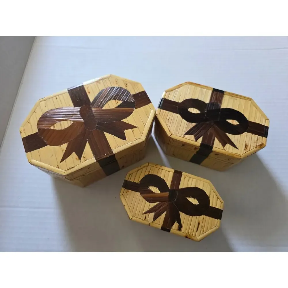 Bamboo Inlay Nesting Box Set of 3 Jewlery Keepsake Boxes Bow Decor